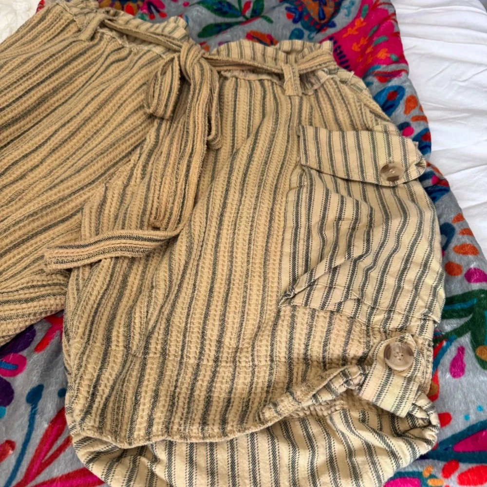 FP One Free People Striped Paperbag Shorts Tan Black Boho Cotton Waffle Small - Picture 12 of 14